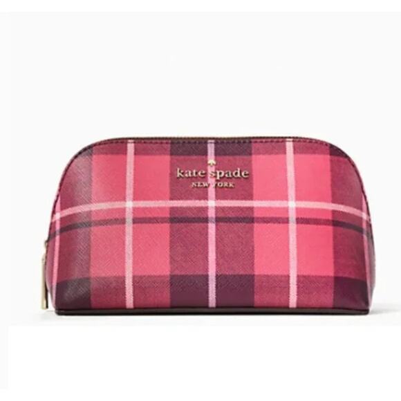 KATE SPADE PLAID COSMETIC CASE "STACI" IN BRIGHT ROSE RED AND BLACK NEW! - Picture 1 of 5